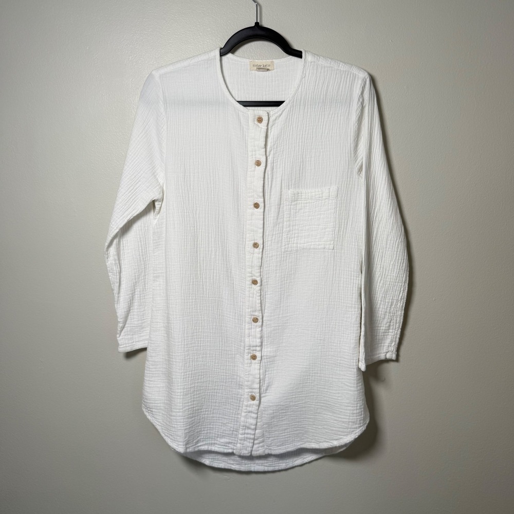 Sister Katie White Organic Cotton Gauze Button Down Tunic Top Size M Staple